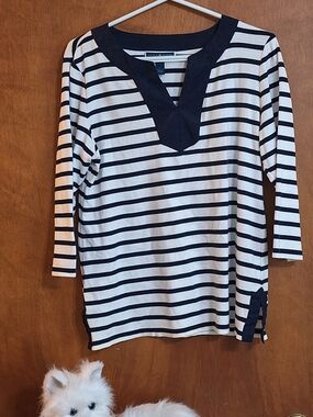 Karen Scott Black and White Striped V-Neck Top